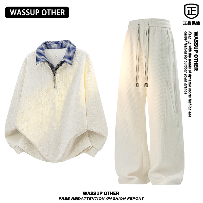 Wassup Other American-Style Fake Two-Piece Sweatshirt Set, Spring and Autumn Casual Sweatpants, Loose Sports Two-Piece Set for Men
