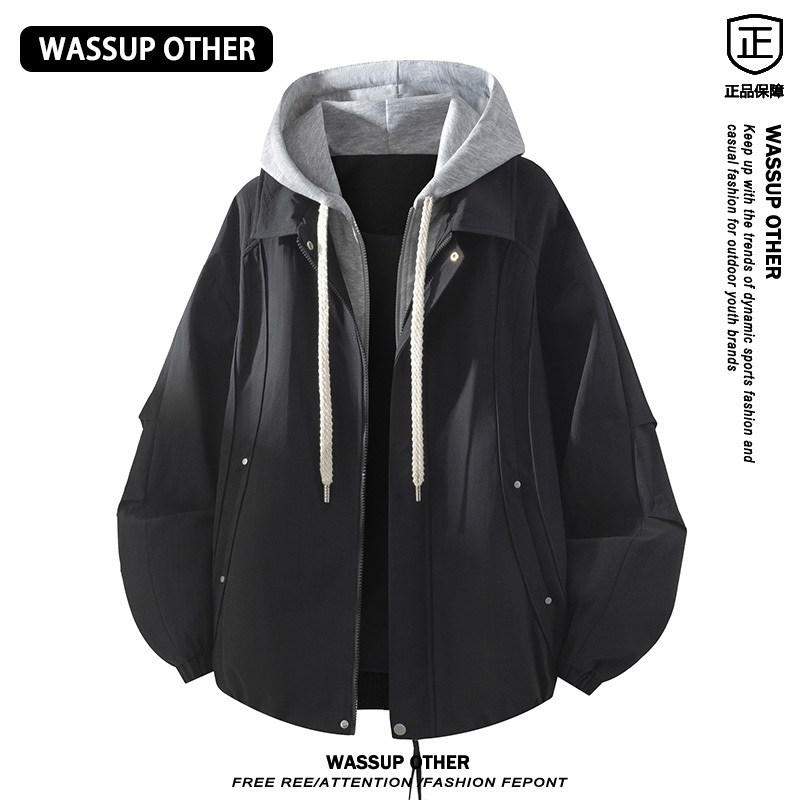 Wassup Other American-Style Fake Two-Piece Hooded Jacket for Men, Spring and Autumn Vintage Workwear Windbreaker for Men