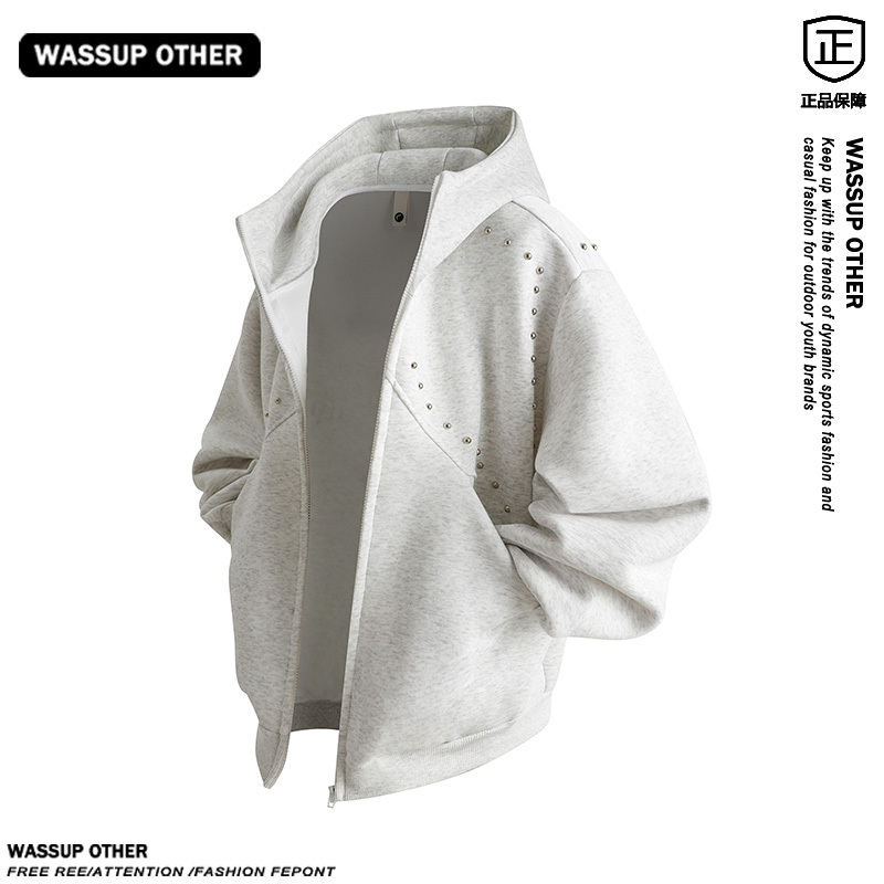 Wassup Other American-Style Rivet Hooded Cardigan Sweatshirt for Men, High-End Loose Casual Heavyweight Couple's Jacket