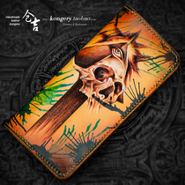 Cangji handmade wallet mens and womens leather carving skull long wallet open large capacity clutch vertical leather wallet