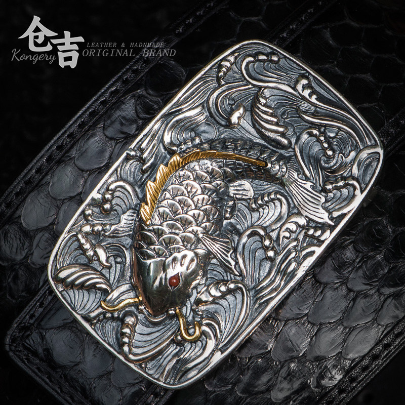 Cangji handmade snake skin belt carp 925 pure silver buckle men's leather customized belt light luxury high-end gift