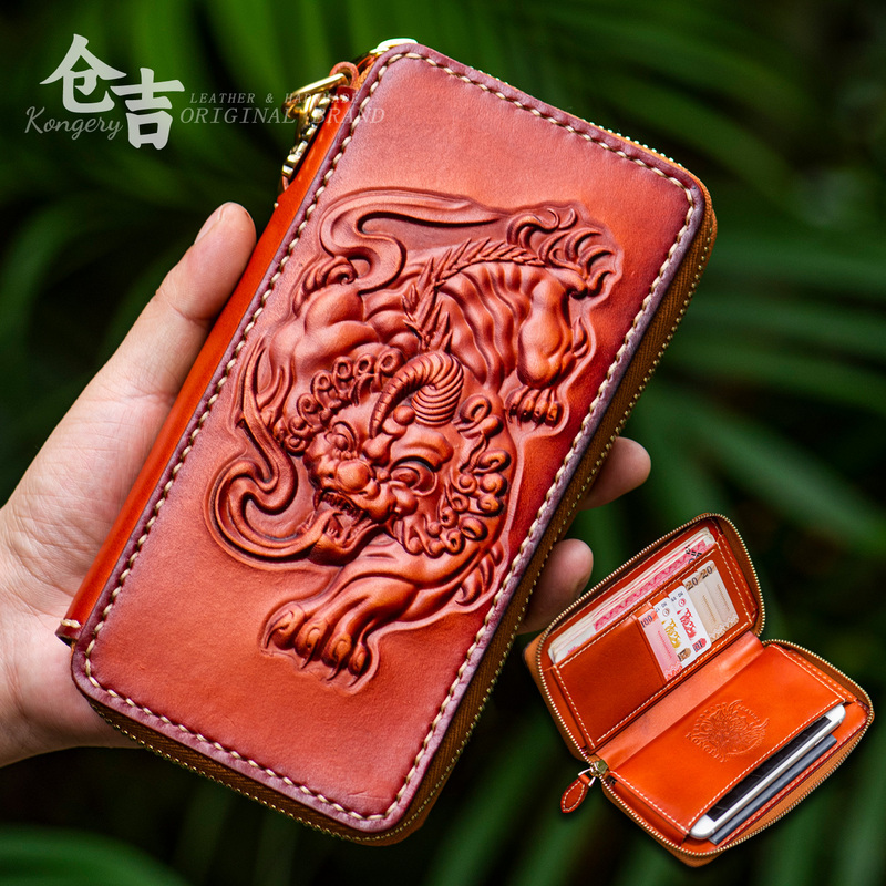 【Fortune-Attracting Pixiu】Mobile Phone Bag! Cangji Handmade Leather Zipper Bag Portable Genuine Leather Long Wallet Clutch Bag