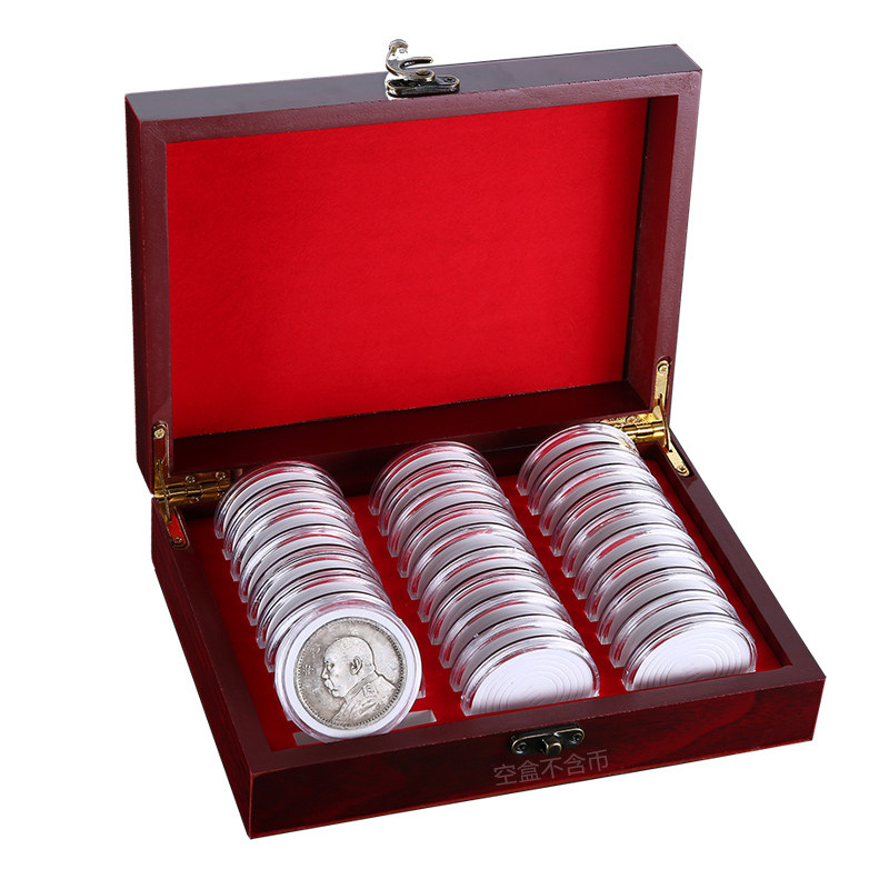 Commemorative coin collection box Yuan Datou silver dollar protection box ancient coin silver coin storage round box Bronze Coin Coin wooden box