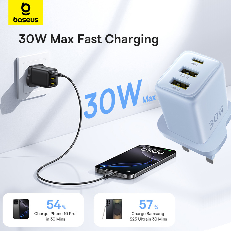 Baseus 30W Three-Port Fast Charging Uk Standard Mobile Phone and Laptop Charger Suitable for Huawei, Samsung, Apple 17 Flash Charging Hong Kong and Macau Version Mini Charging Head iPad Fast Charging Head 20W Charging Head