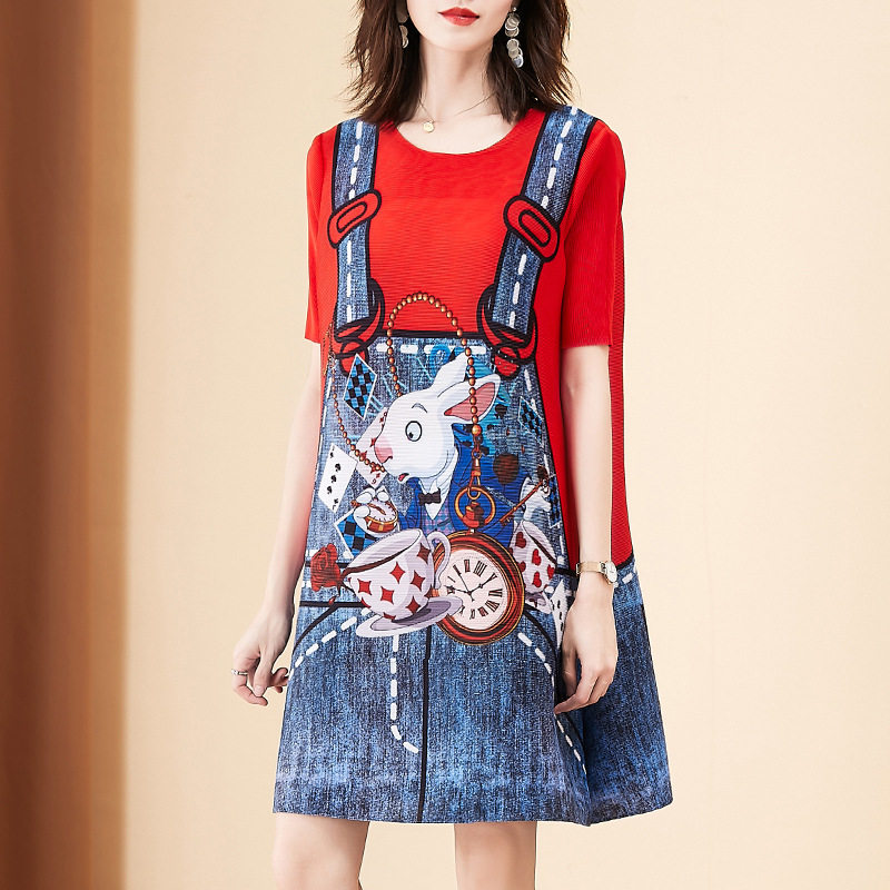 European station fashion printing Miyake pleated dress summer 2022 large size loose fat mm cover belly a-line skirt