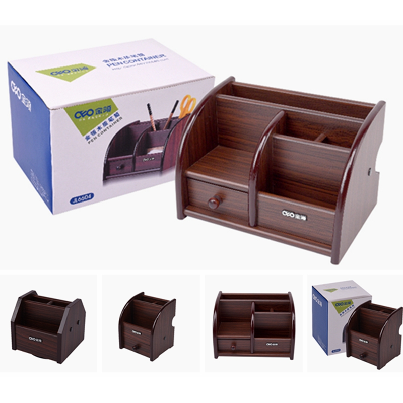 Gold collar wood multifunctional combined pen holder base with drawer office containing box desktop pen holder wood pen holder