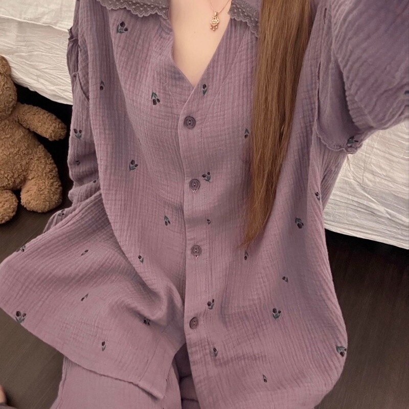 Internet-Famous Korean Style New Doll Collar Pajamas for Women, Vintage Purple Floral Long-Sleeve Long Pants, Plus Size, Can Be Worn Outside, Loungewear