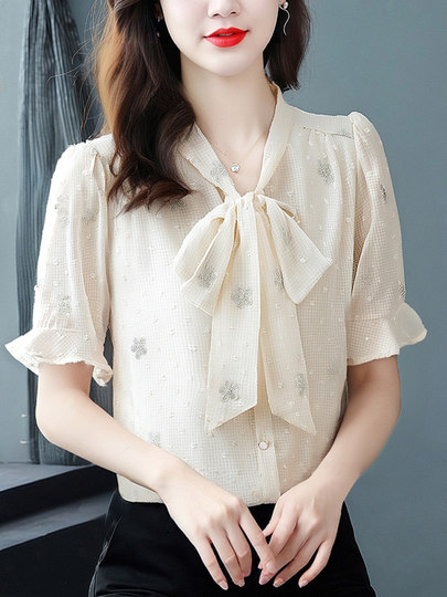 Bow-Knot Floral Chiffon Shirt for Women, New Summer Style, High-End, Light Luxury, Stylish, Age-Reducing Top, Short-Sleeved, Beautiful Shirt