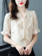 Bow-Knot Floral Chiffon Shirt for Women, New Summer Style, High-End, Light Luxury, Stylish, Age-Reducing Top, Short-Sleeved, Beautiful Shirt