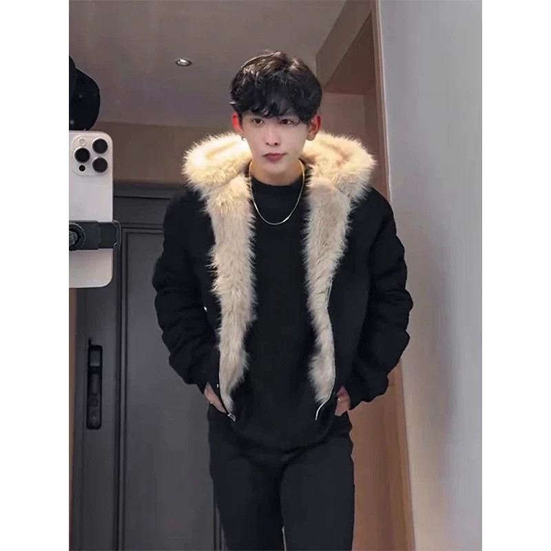 American-style mountain-carved fur collar jacket for men, winter fleece-lined thickened cleanfit premium jacket, down padded jacket