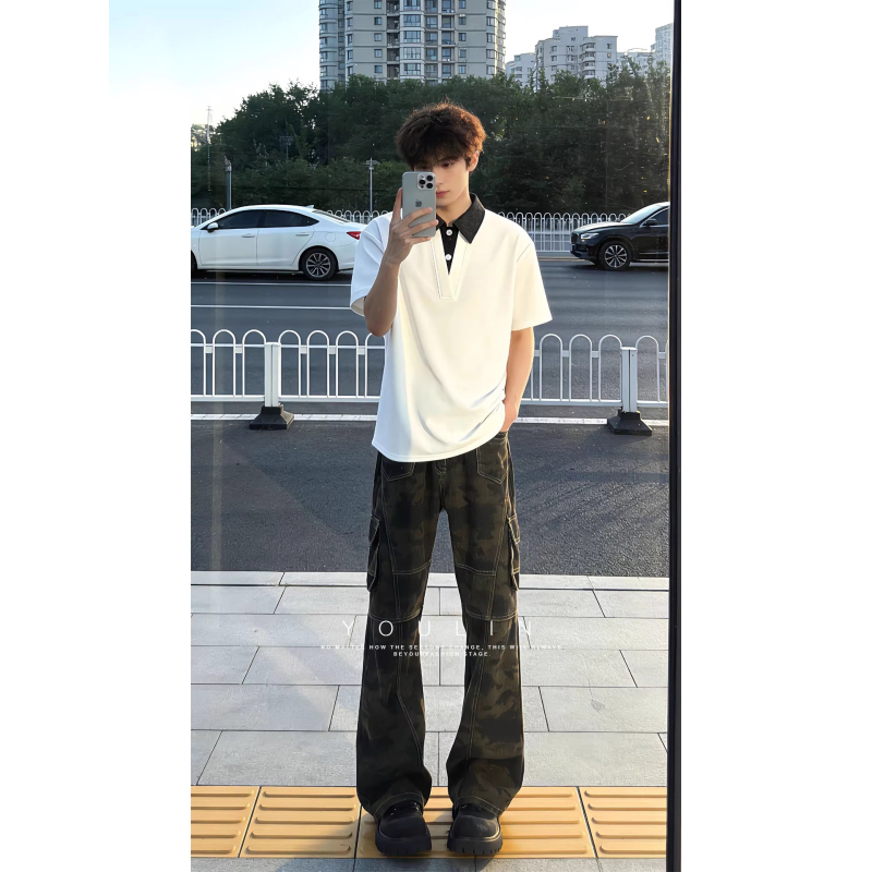 White Faux Two-Piece Polo Shirt Short Sleeve Men's Summer Cleanfit Turn-Down Collar T-Shirt American Style Cool Straight Shoulder Half Sleeve