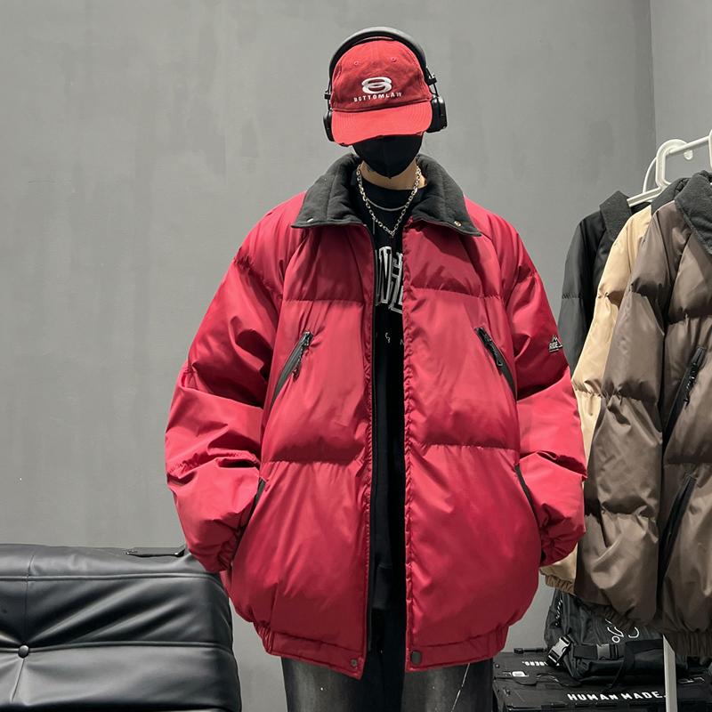 Burgundy Cotton Jacket Men's Winter Coat American Style Cool Trendy Brand Puffer Jacket down Jacket with Multiple Zippers