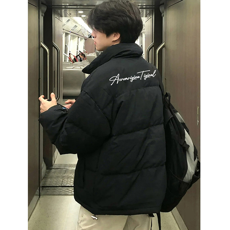 Black Trendy Brand Stand-Up Collar down Jacket for Men, Autumn and Winter High Street Vibe American Letter Print Warm Cotton-Padded Jacket Black Trendy Brand Stand-Up Collar down Jacket for Men, Autumn and Winter High Street Vibe American Letter Print Warm Cotton-Padded Jacket