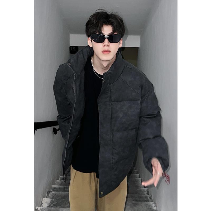 Vintage Melard Leather down Jacket, Solid Color Stand Collar, Thick Padded Cotton Coat, Pu Leather Puffer Jacket, Thick Warm Outerwear