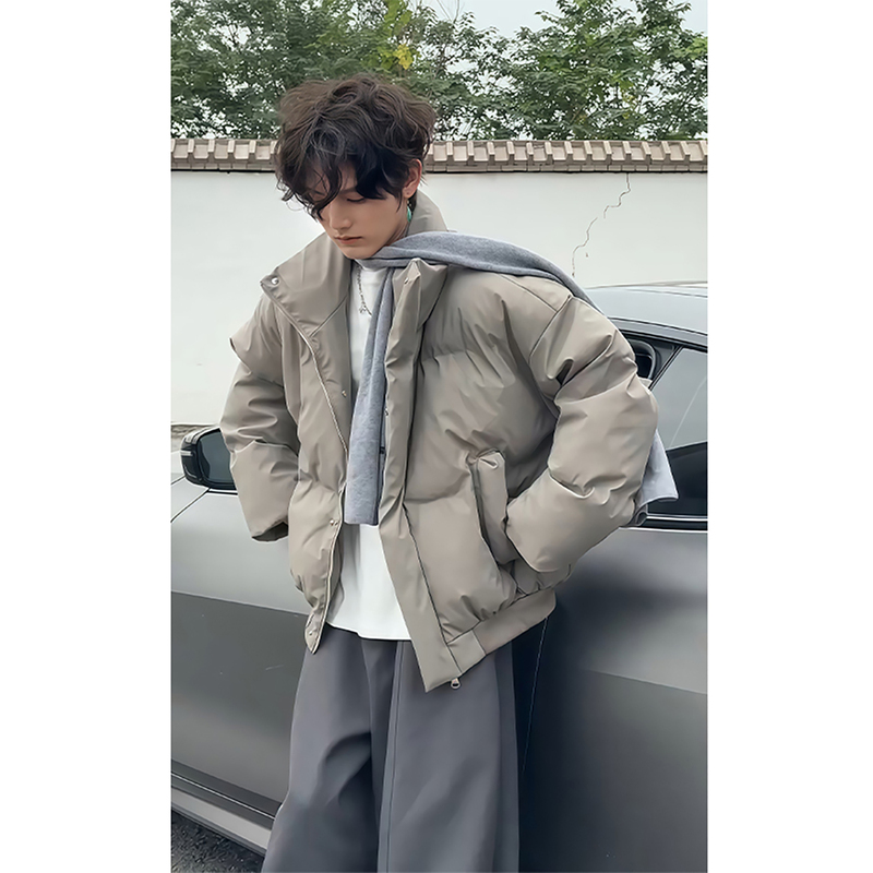 Khaki Short Pu Leather down Cotton Jacket for Men, Winter High-End Stylish Thick Cotton Coat with Stand Collar, Puffer Jacket Khaki Short Pu Leather down Cotton Jacket for Men, Winter High-End Stylish Thick Cotton Coat with Stand Collar, Puffer Jacket