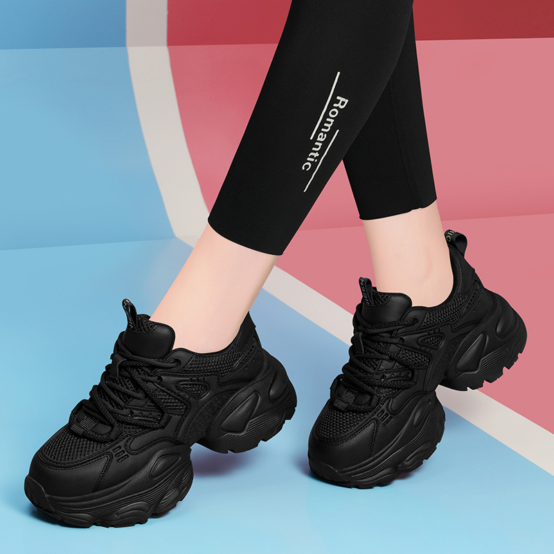 Dad Shoes for Women, Thick-Soled, Height-Increasing, 2026 New Popular Style, Spring and Summer, All Black, Versatile, Internet-Famous Single Shoes, Casual Sneakers