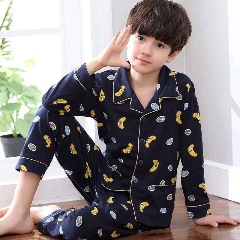 chàng trai bông mùa xuân Pyjama nam dissonmic dài tay áo 12-15 tuổi học sinh trung học cơ sở thiết lập quần áo nhà cardigan.