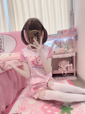 RichGirl Japanese-style soft girl cartoon Summer short-sleeved T-shirt, cute embroidered vest, halter top and shorts set