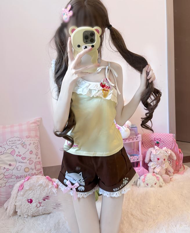 Richgirl Girl Original LAOSHU Ice Cream Cute Cone Strap Top + Brown Kitten Shorts Two-Piece Set