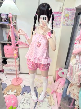 Richgirl ສາວງາມຮັກ bunny plaid suspender + embroidered mp ສັ້ນຊຸດສອງສິ້ນ