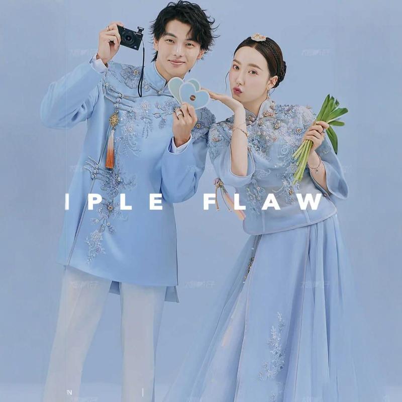 Photo Studio Theme New Couple Wedding Photography Clothing New Chinese Style Xiuhe Suit Blue Dress Cheongsam Two-Piece Set Photo Studio Theme New Couple Wedding Photography Clothing New Chinese Style Xiuhe Suit Blue Dress Cheongsam Two-Piece Set