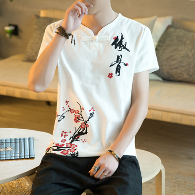 Chất béo kích thước lớn phong cách Trung Quốc thêu ngắn tay áo của nam giới linen T-Shirt cộng với phân bón để tăng cotton và linen loose quần áo mùa hè phần mỏng Cực lớn