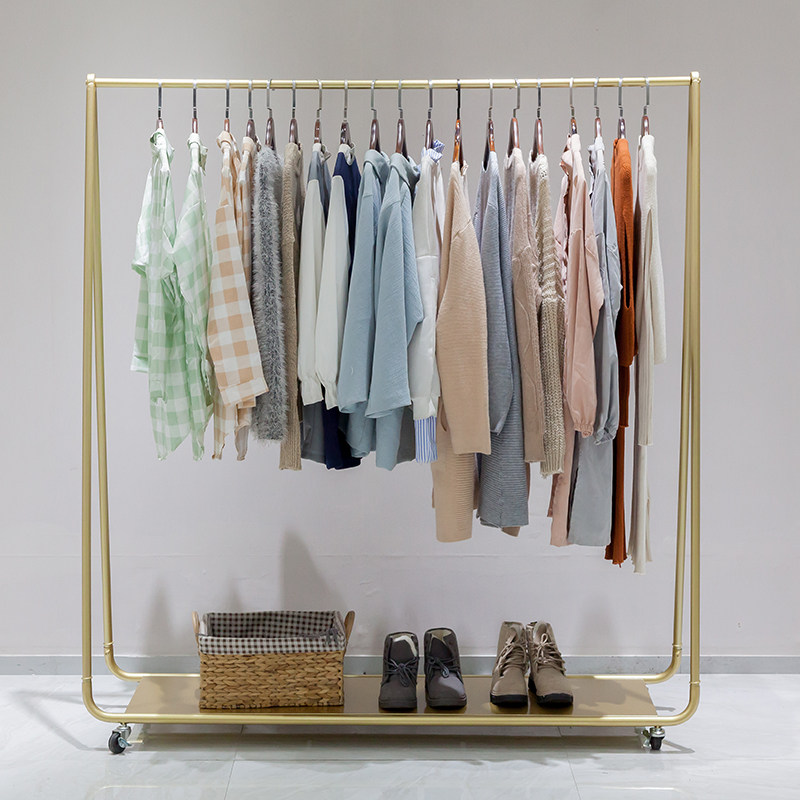 Single rod type golden clothes rack Floor clothes rack Indoor clothes rack Bedroom hanging clothes rack Removable pulley