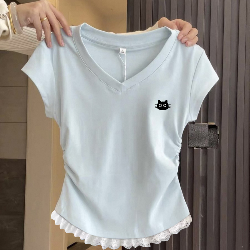2026 Summer New Hot-Selling Korean Style Sweet Lace Slim-Fit Blouse V-Neck Waist-Cinching Top Slimming Short-Sleeve T-Shirt for Women