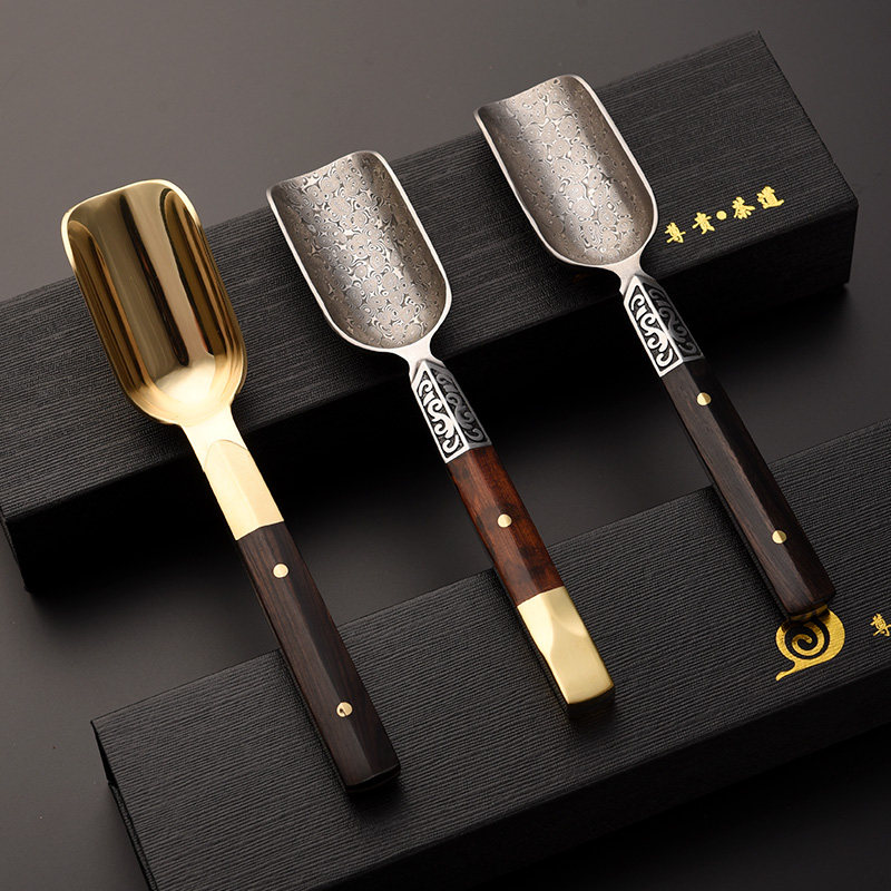 Jinge Damascus steel tea spoon Pattern steel solid wood handle teaspoon Tea leaves Tea shovel Tea ceremony zero with six gentlemen
