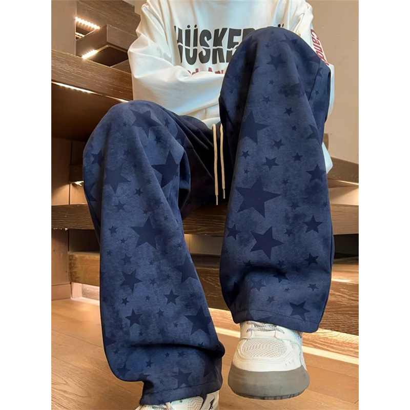 American Retro Washed Tie-Dye Star Print Sweatpants for Men, New Spring and Autumn Loose Straight Casual Sports Trousers Trendy