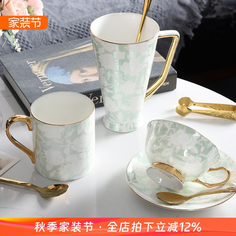 Creative Bone China Mug, Light Luxury, Niche, High Aesthetic Value, Household Ceramic Coffee Cup and Saucer, Women's Cup with Lid and Spoon