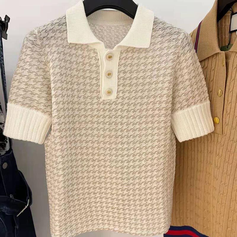 Thousands Bird Lattice Jacquard Polo Collar Knit Cardiovert Girl Spring Dress 2022 New Small Sub Short Sleeve Head Jacquard Sweater