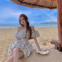 2021 summer new French niche design sense bubble sleeve tuft skirt shoulder floral fairy dress