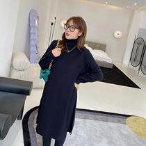 Cetto treasure Large code Female dress Fat MM2021 Winter easy Fashion High collar open fork to bottom Liandress 200 catty