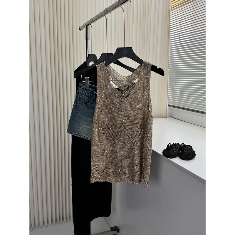 Scream! C-Level Heroine Gold Sequin Knit Hollow-Out V-Neck Vest for Women, Hand-Crocheted Knit Top