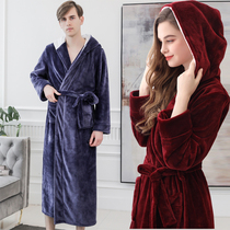 Autumn and winter hooded robe mens thick and long bathrobe womens winter flannel plus size couple pajamas coral velvet morning gown