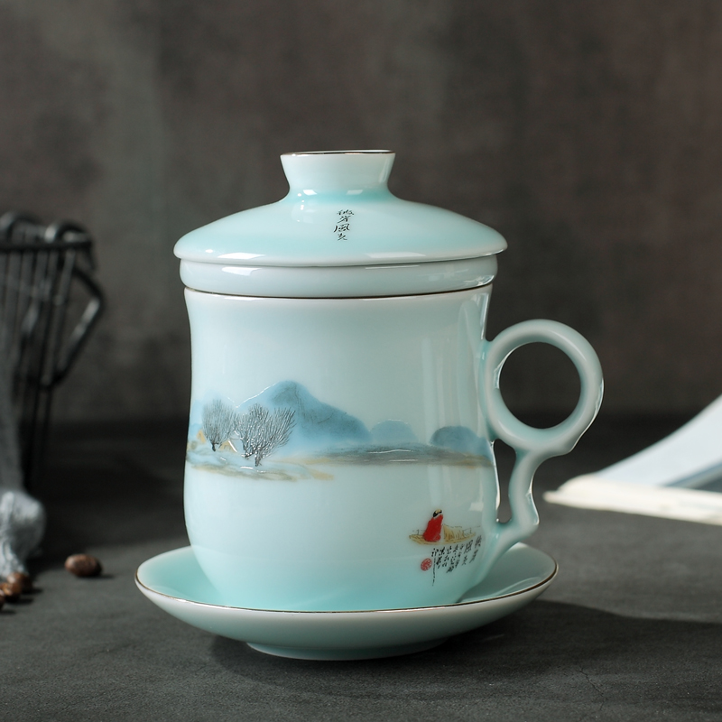 Jingdezhen tea cup mark glass ceramic filter restoring ancient ways with cover glass office meeting gift