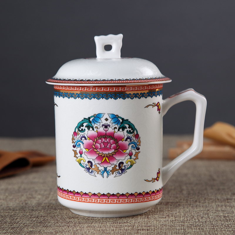 A large cup of jingdezhen colored enamel ipads porcelain cup with cover glass ceramic cups office cup gift cup 500 ml