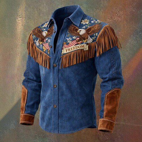 Western Cowboy Tassel Shirt Men's Retro Slim Long-Sleeved Jacket American Trendy Printed Jacket Men's Clothing Western Cowboy Tassel Shirt Men's Retro Slim Long-Sleeved Jacket American Trendy Printed Jacket Men's Clothing