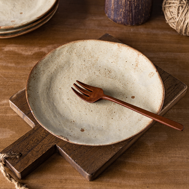[Handmade Irregular Flat Plate] Vintage Coarse Pottery 8inch Dessert Plate Homestay Dish Plate Japanese Food Plate Vintage Pasta Plate