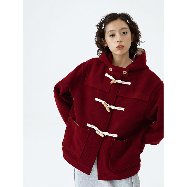 UNRETRO Horn Button Woolen Coat Women's Short Autumn and Winter Japanese Style College of Woolen Coat Small Hooded