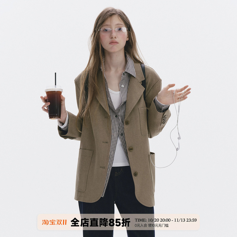 Unretro Retro Artistic Style Shoulder-Padded Loose-Fitting Blazer for Women, Autumn Silhouette Lapel Small-Sized Suit Unretro Retro Artistic Style Shoulder-Padded Loose-Fitting Blazer for Women, Autumn Silhouette Lapel Small-Sized Suit