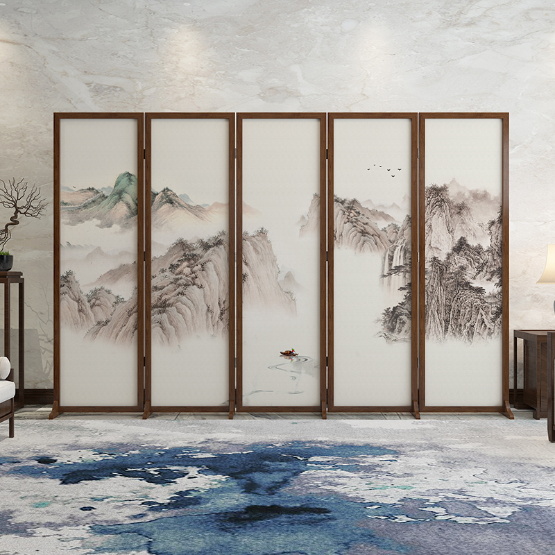 New Chinese Landscape Painting Solid Wood Screen Partition Living Room Home Office Hotel Sample House Display Center Movable Fold