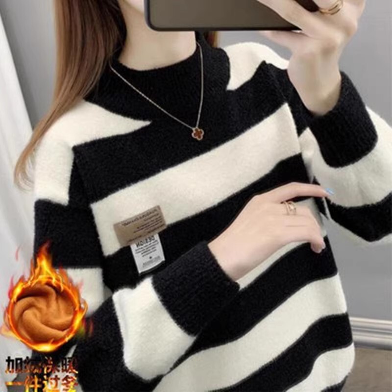 Fleece-Lined Thick Sweater for Women, Half-Turtleneck Chenille, Autumn and Winter Style, Loose Fit, Striped Long-Sleeve Knit Base Shirt for Women