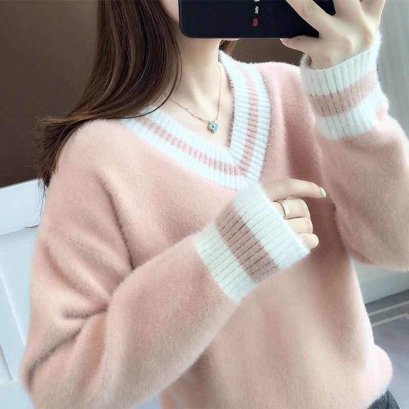 New Autumn and Winter Women's Faux Mink Fur Sweater, Stylish Loose Pullover V-Neck Knitted Base Shirt, Long-Sleeved Top New Autumn and Winter Women's Faux Mink Fur Sweater, Stylish Loose Pullover V-Neck Knitted Base Shirt, Long-Sleeved Top
