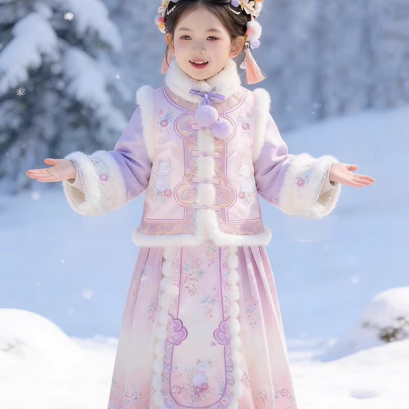 2026 Ming Dynasty-Style Girls' Hanfu Winter Clothing, Thickened and Warm, National Trend, Ancient Style New Year Outfit Set, Children's Chinese Style 2026 Ming Dynasty-Style Girls' Hanfu Winter Clothing, Thickened and Warm, National Trend, Ancient Style New Year Outfit Set, Children's Chinese Style