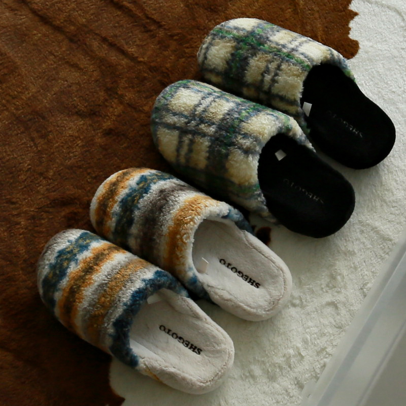Retro Plaid High-End Plaid Cotton Slippers for Men and Women, Indoor Home Use, Autumn and Winter, Non-Slip, Soft-Soled Plush