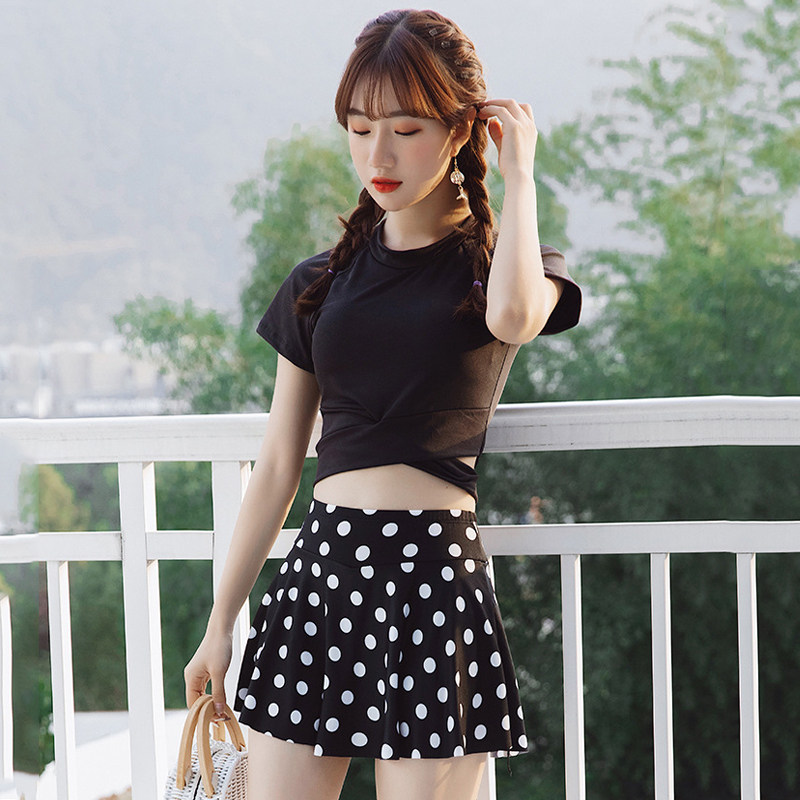 Teenage Girl Two Style Swimsuit Skirt Style Four-corner Pants Korea Ins Students Cute Po Dot Conservative Lean Spa Swimsuit