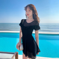 Swimsuit Women Sensation Mesh Yarn Black Conjoined Conservative Short Sleeve Dew Back Lotus Leaf Side Veil slim South Korean spa swimsuit