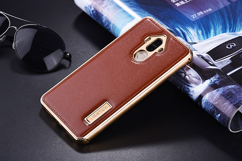 iMatch Luxury Aluminum Metal Bumper Premium Genuine Leather Back Cover Case for Huawei Mate 9